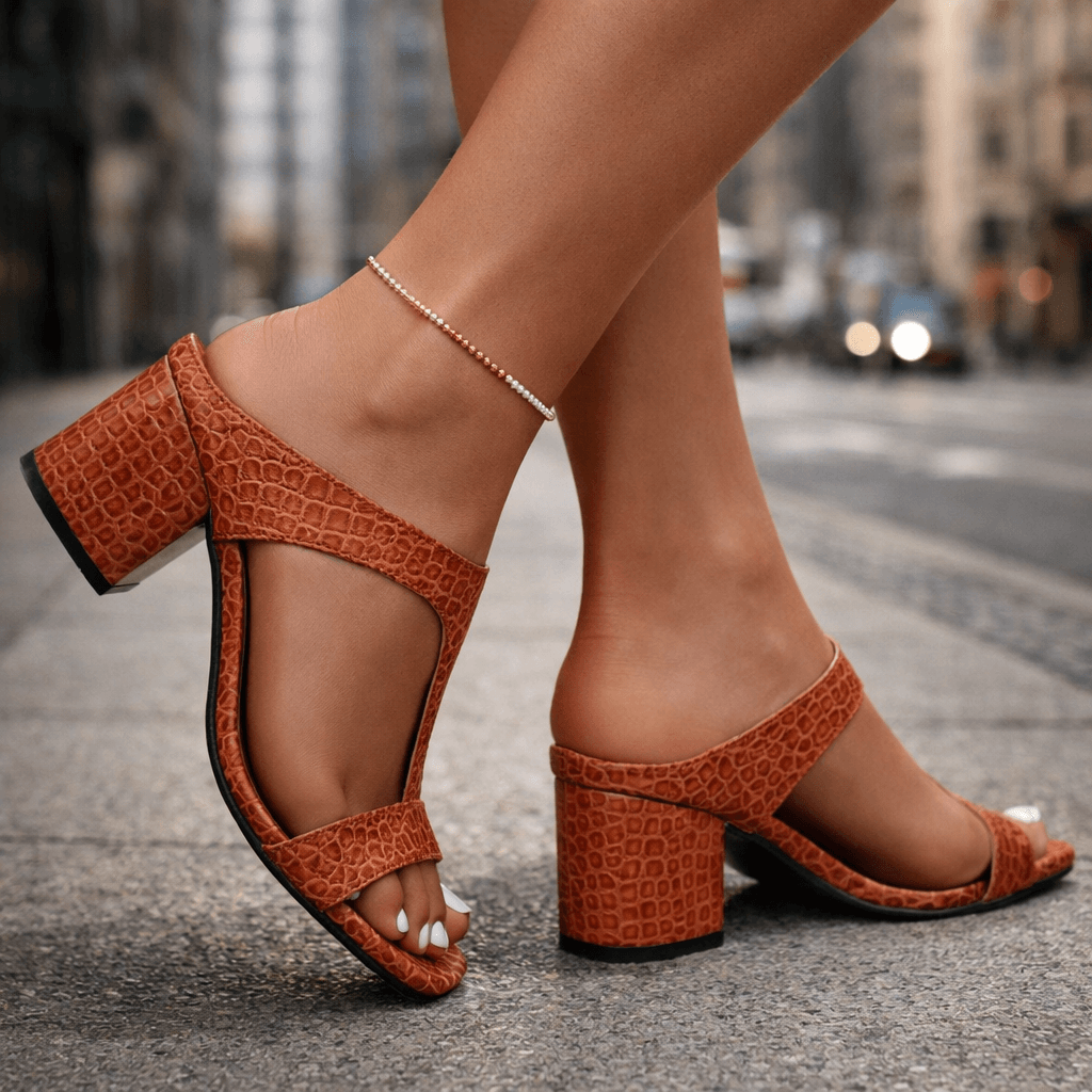 Silvea | Women's Croc-Embossed Genuine Leather Sandals